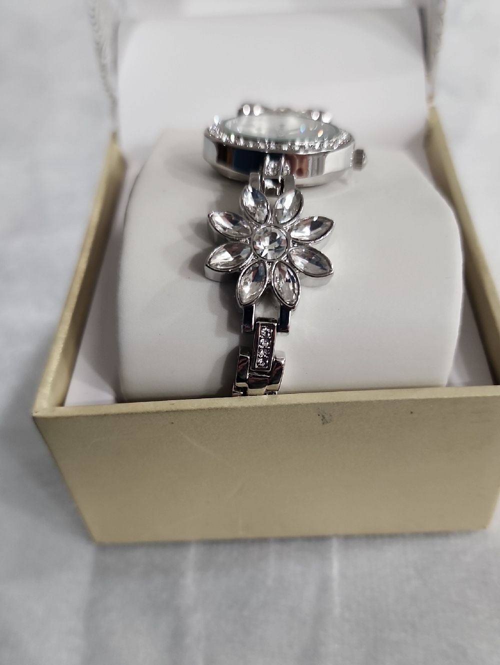 Charter Club Women's Silver-Tone Mixed Metal Crystal Flower Bracelet Watch. - Picture 4 of 6